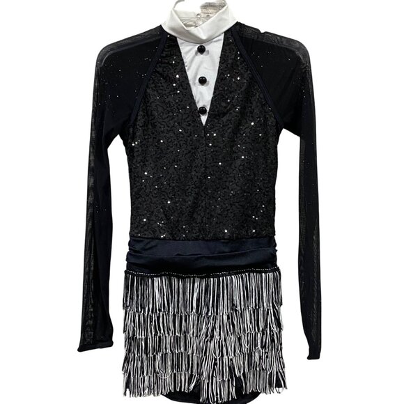 Weisman Black & White Sequin Tuxedo-Style Dance Costume Fringe Skirt Long Mesh S - Picture 1 of 8